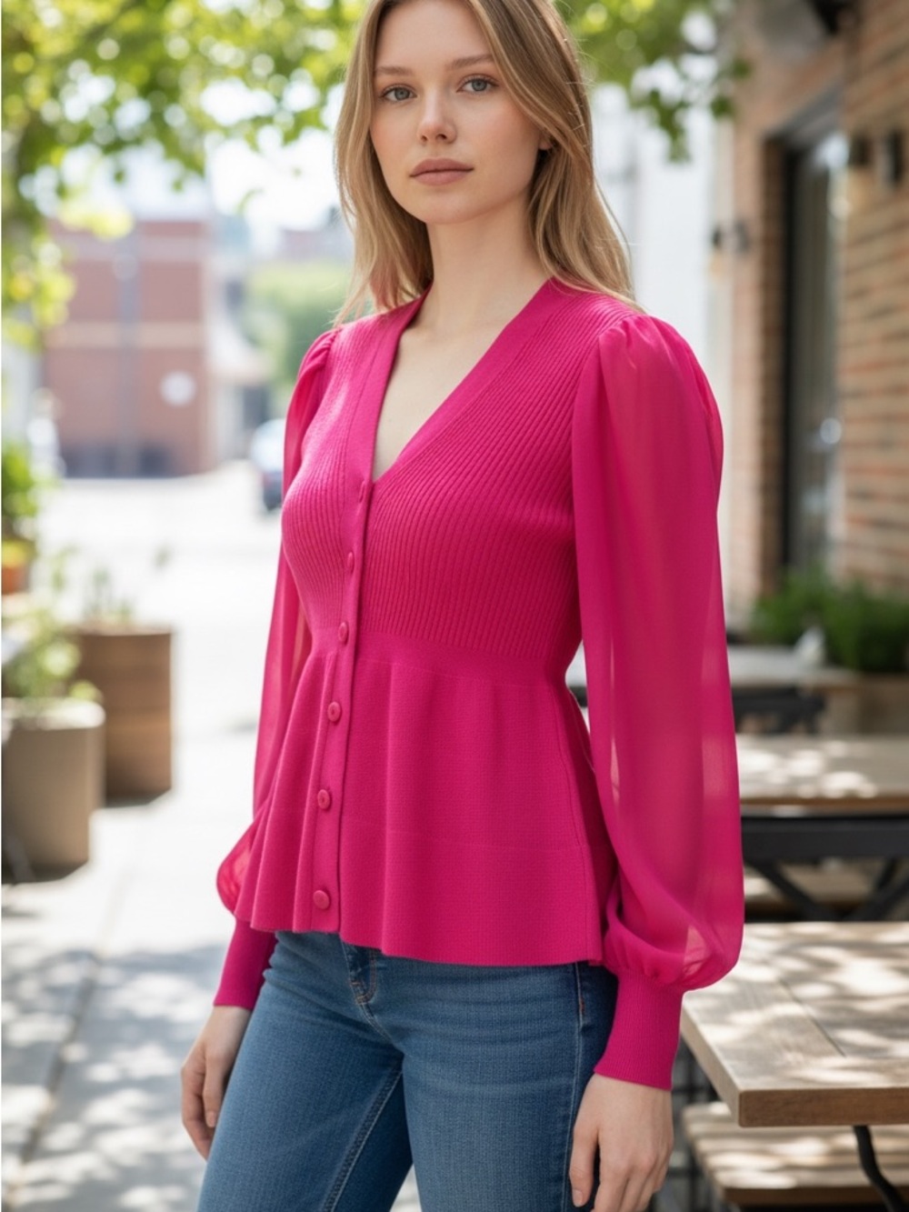 89th & Madison Hot Pink Peplum Button-Front Cardigan